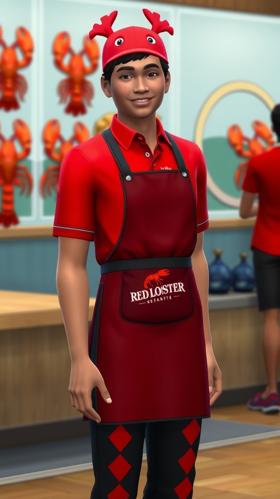 A Sims character in a bright red lobster uniform with black pants and apron, smiling in a seafood restaurant setting.
